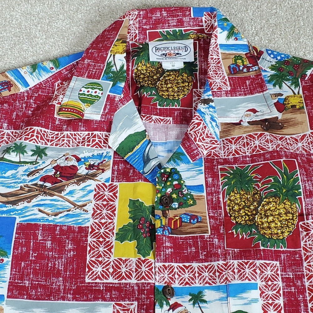 Pacific Legend Paradise Santa Men's Button‎ Up Shirt Medium Red Hawaiian Design